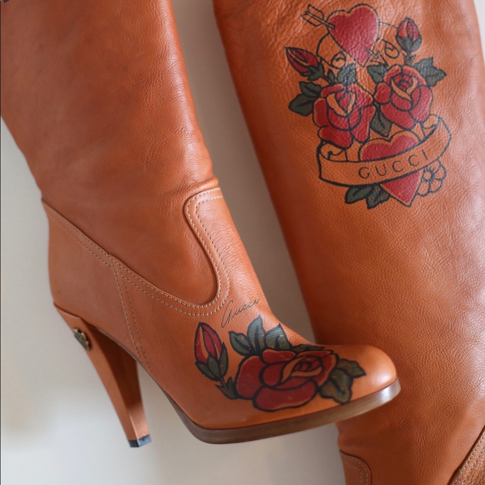 Gucci Tan Leather Tattoo Rose Boots